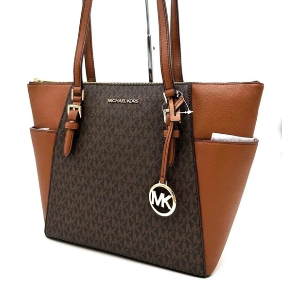 Michael Kors Large Charlotte Tote Bag Luggage Leather Brown - Picture 2 of 12